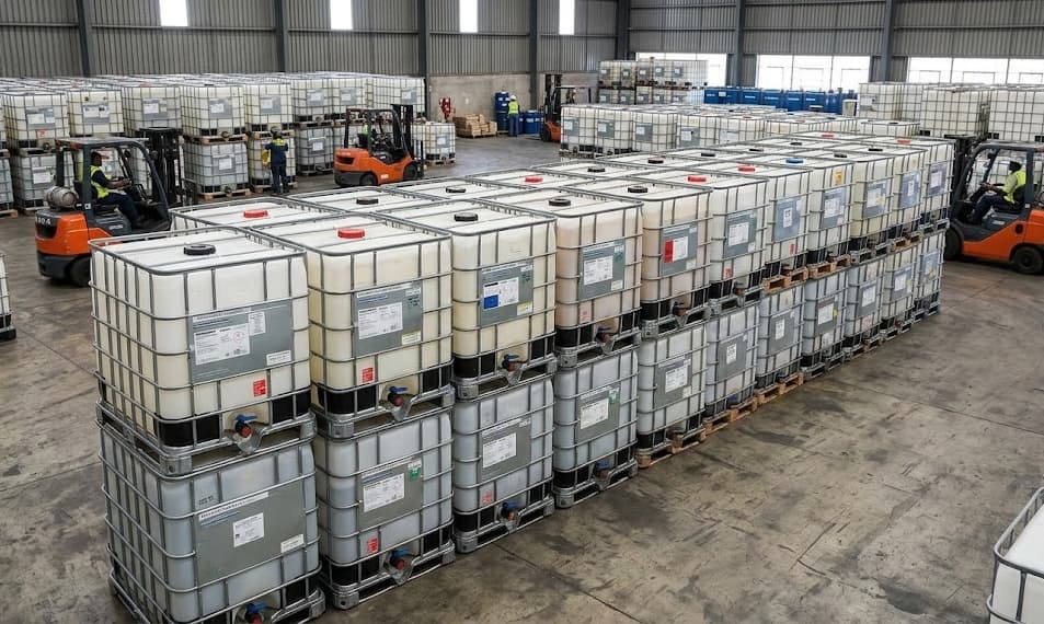 Aerial view of a warehouse filled with rows of IBC totes and forklifts