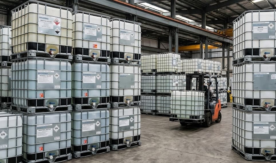 Warehouse interior showing IBC totes being processed with orange forklift