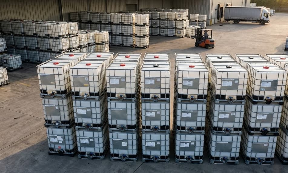 Stacked IBC totes at an outdoor loading area bathed in warm golden hour light