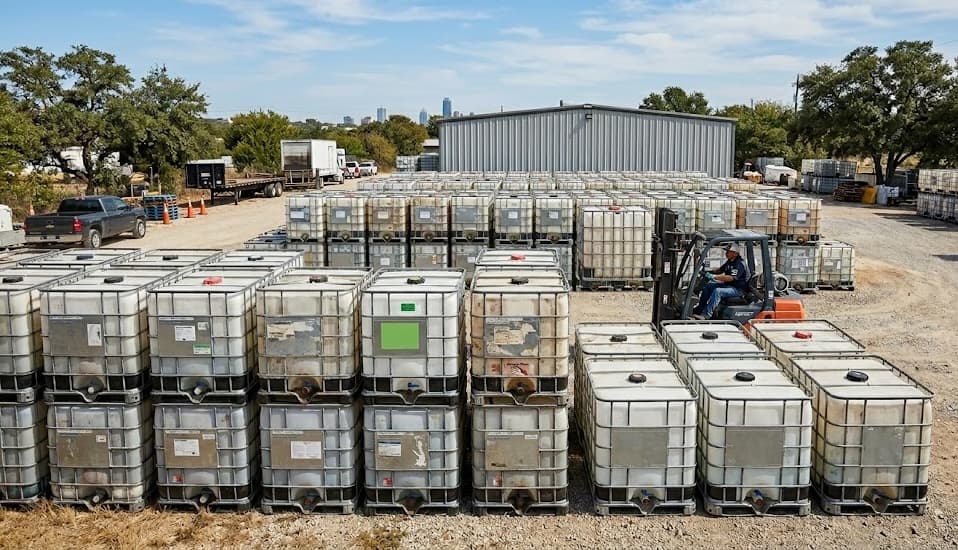 Outdoor IBC inventory yard with Baltimore city skyline in the background