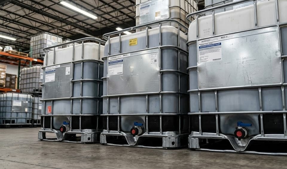 Close-up of IBC totes showing valve assemblies, cage structure, and bottle construction