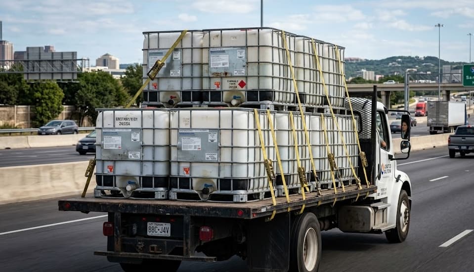 Flatbed truck transporting IBC containers on the highway